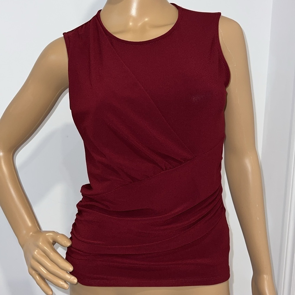 Burgundy Red Faux wrap sleeveless stretchy top size Small
